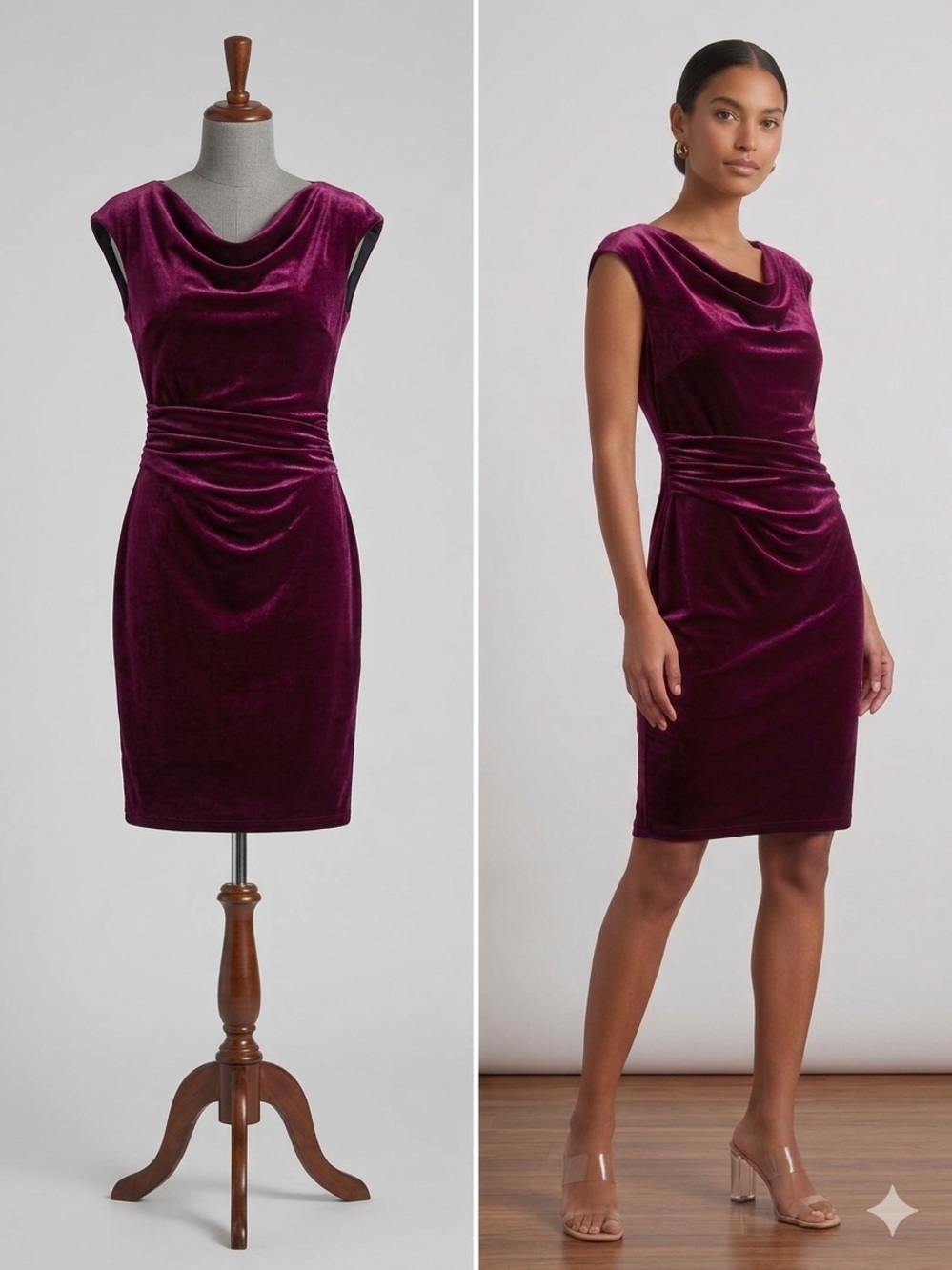 Vince Camuto Velvet Cowl Neck Dress Plum Burgundy Ruched Cocktail Sz 10